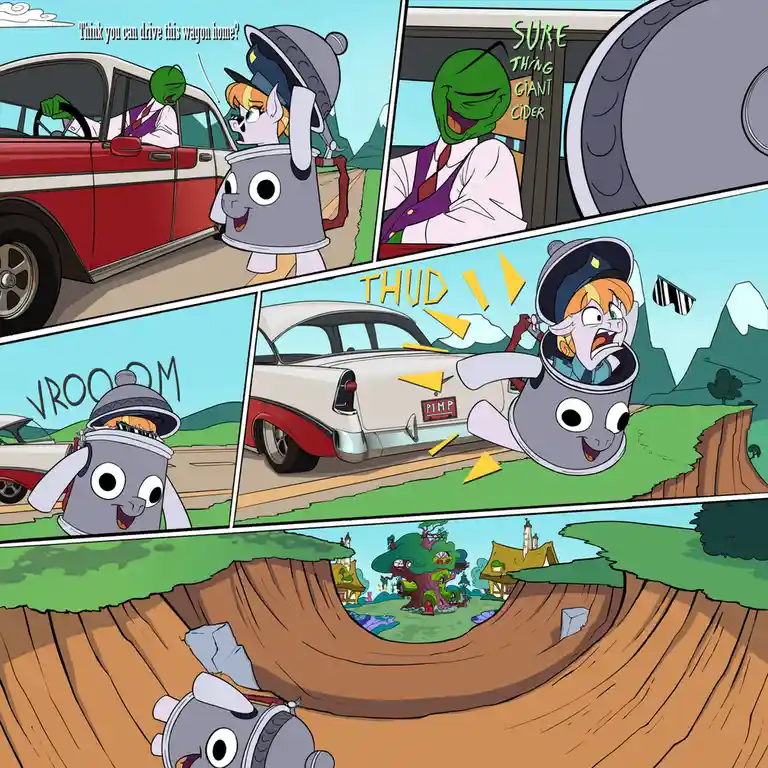 A comic strip featuring a cartoon character in a bucket-like vehicle being driven by a woman in a police uniform. The driver…