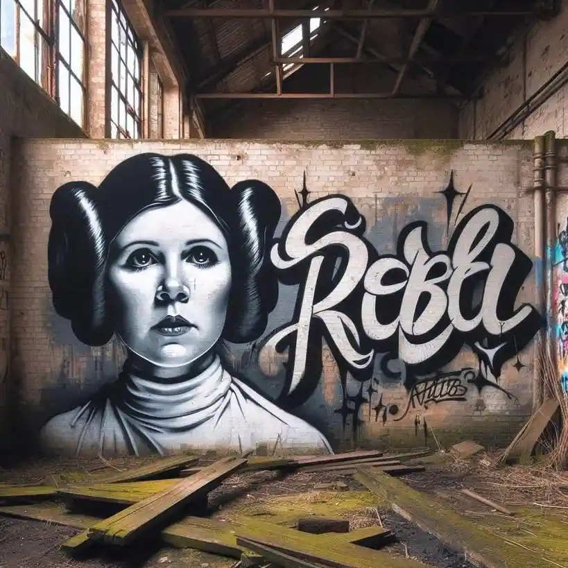 A large, stylized graffiti mural of Princess Leia Organa from Star Wars is painted on a brick wall inside a dilapidated…