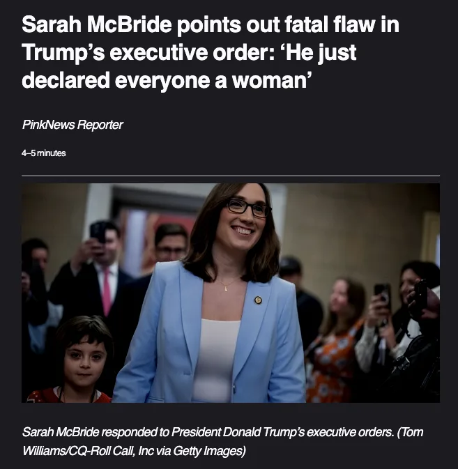 A screenshot of a news article header showing a photo of Sarah McBride smiling while walking with a young child. The…