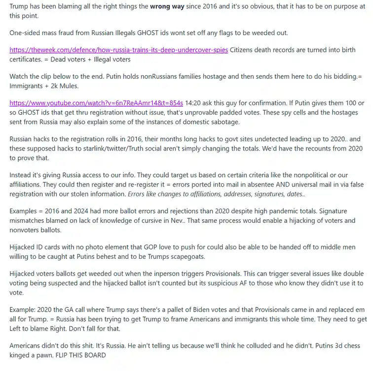 A screenshot of a long-form text post with dark blue text on a white background, detailing a conspiracy theory about Russian…