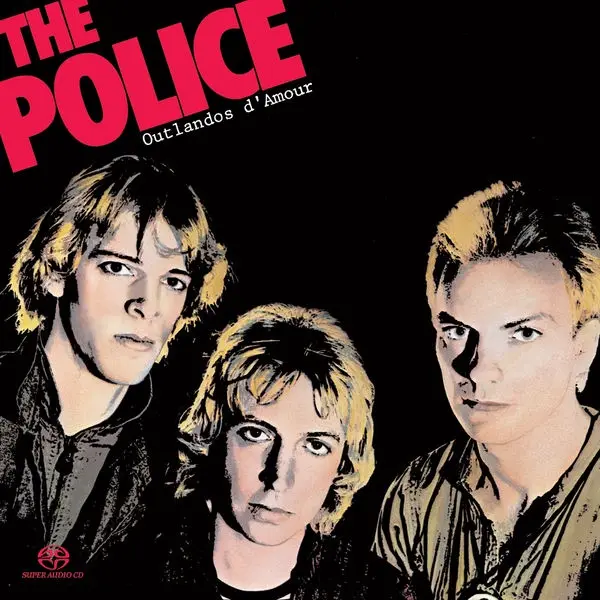 The image is the album cover for 'Outlandos d'Amour' by the band The Police, featuring three band members with serious…