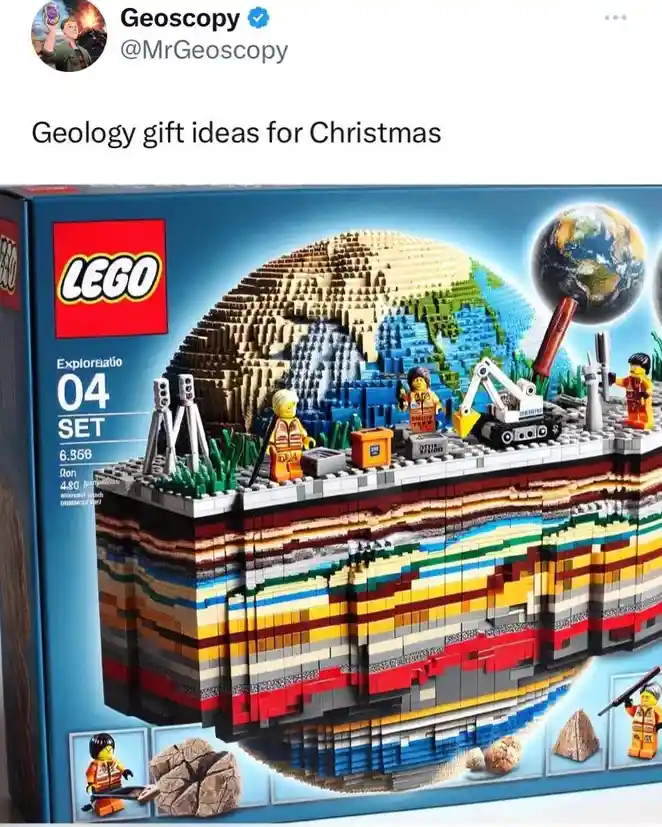 A LEGO set box titled 'Exploration 04 SET 6.356' displays a cross-section of Earth's layers made of colorful LEGO bricks…