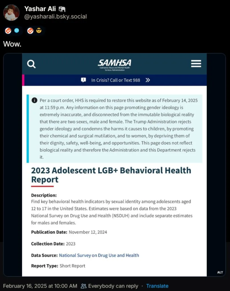 A screenshot of a social media post showing a SAMHSA webpage with a prominent notice stating that content promoting gender…