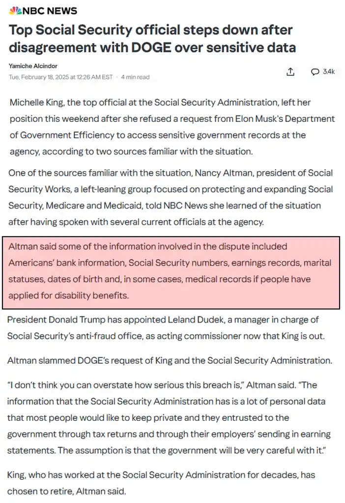 A screenshot of an NBC News article about Michelle King, top Social Security official, stepping down after refusing a…