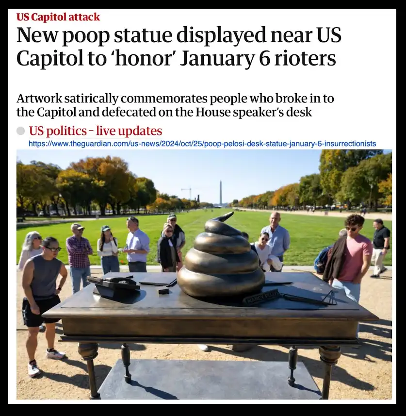 An image mimicking a news article header shows a large bronze poop-shaped sculpture placed on a desk labeled 'NANCY PELOSI'…