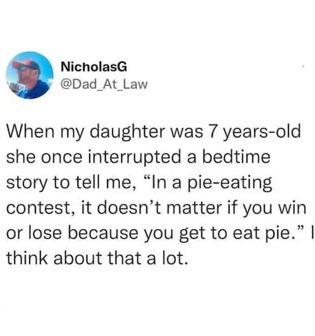 A screenshot of a tweet by NicholasG (@Dad_At_Law) showing a story about his 7-year-old daughter interrupting a bedtime…