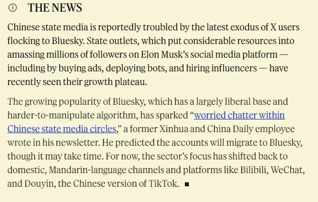 The image displays a newspaper-style article titled 'THE NEWS' detailing how Chinese state media is concerned about losing X…