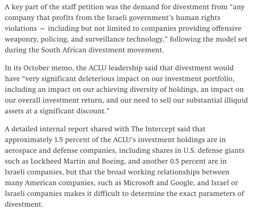 The image displays a block of plain text on a white background, detailing the ACLU's internal report on its investment…