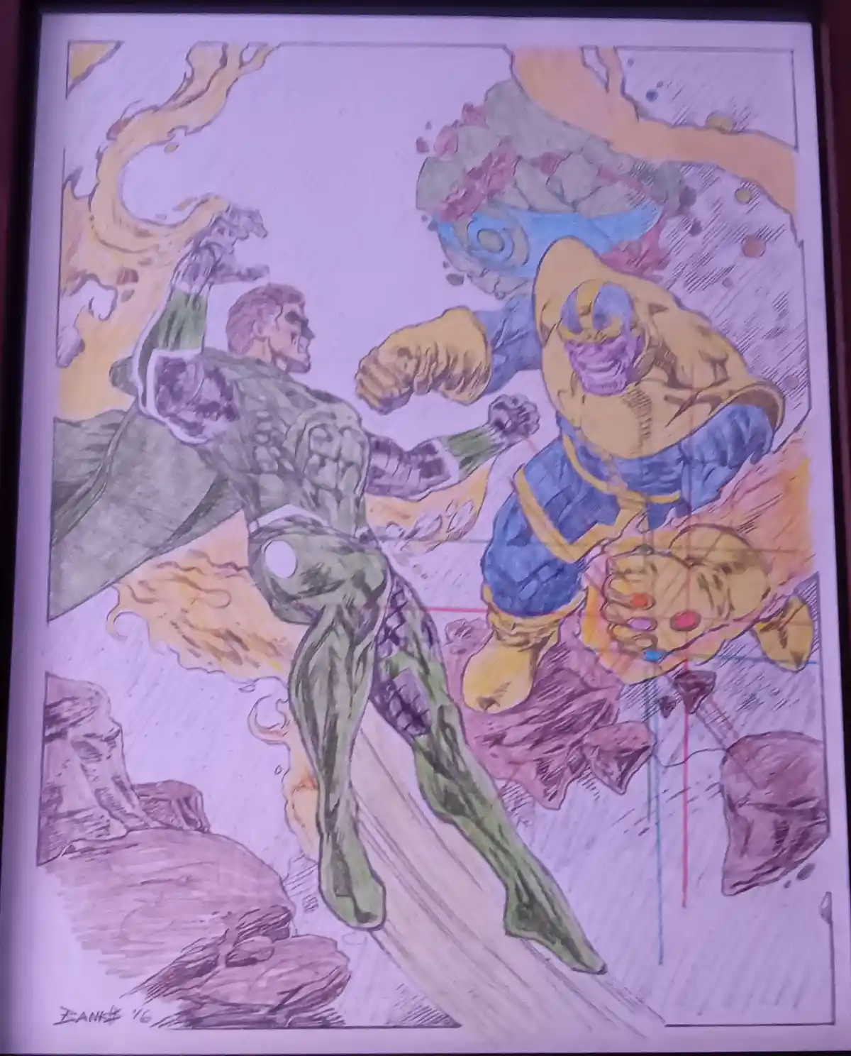 A hand-drawn comic panel depicts Green Lantern in a green suit with a white power ring, lunging forward with his right fist…