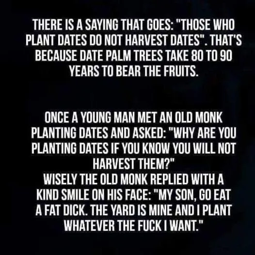 A black background image displays a white text block telling a joke. The text explains a common saying about planting dates…