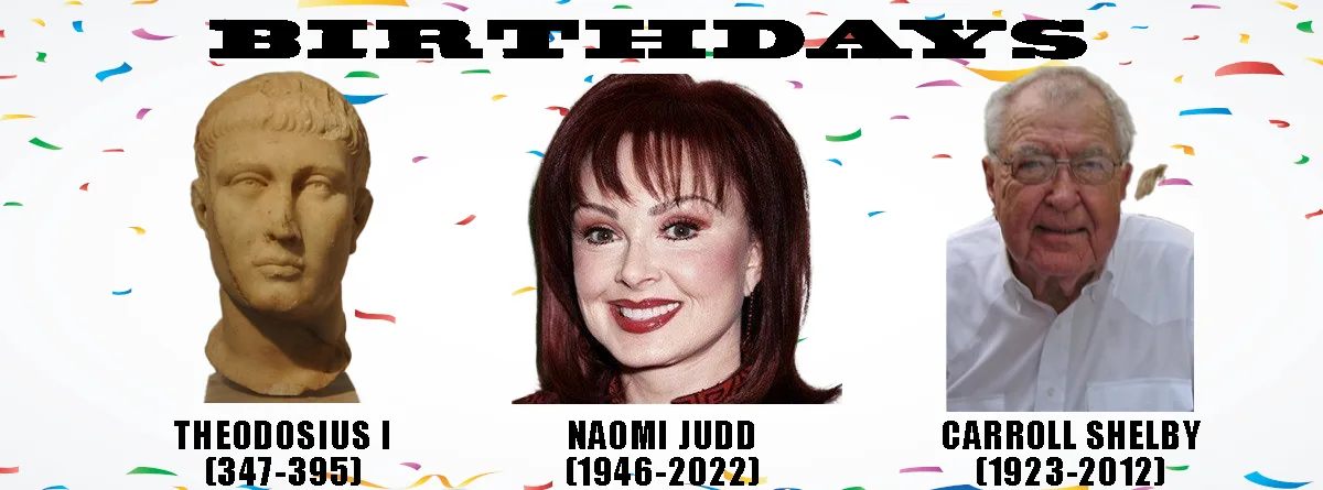 A birthday meme template with confetti background featuring three portraits: a Roman marble bust of Theodosius I, a photo of…