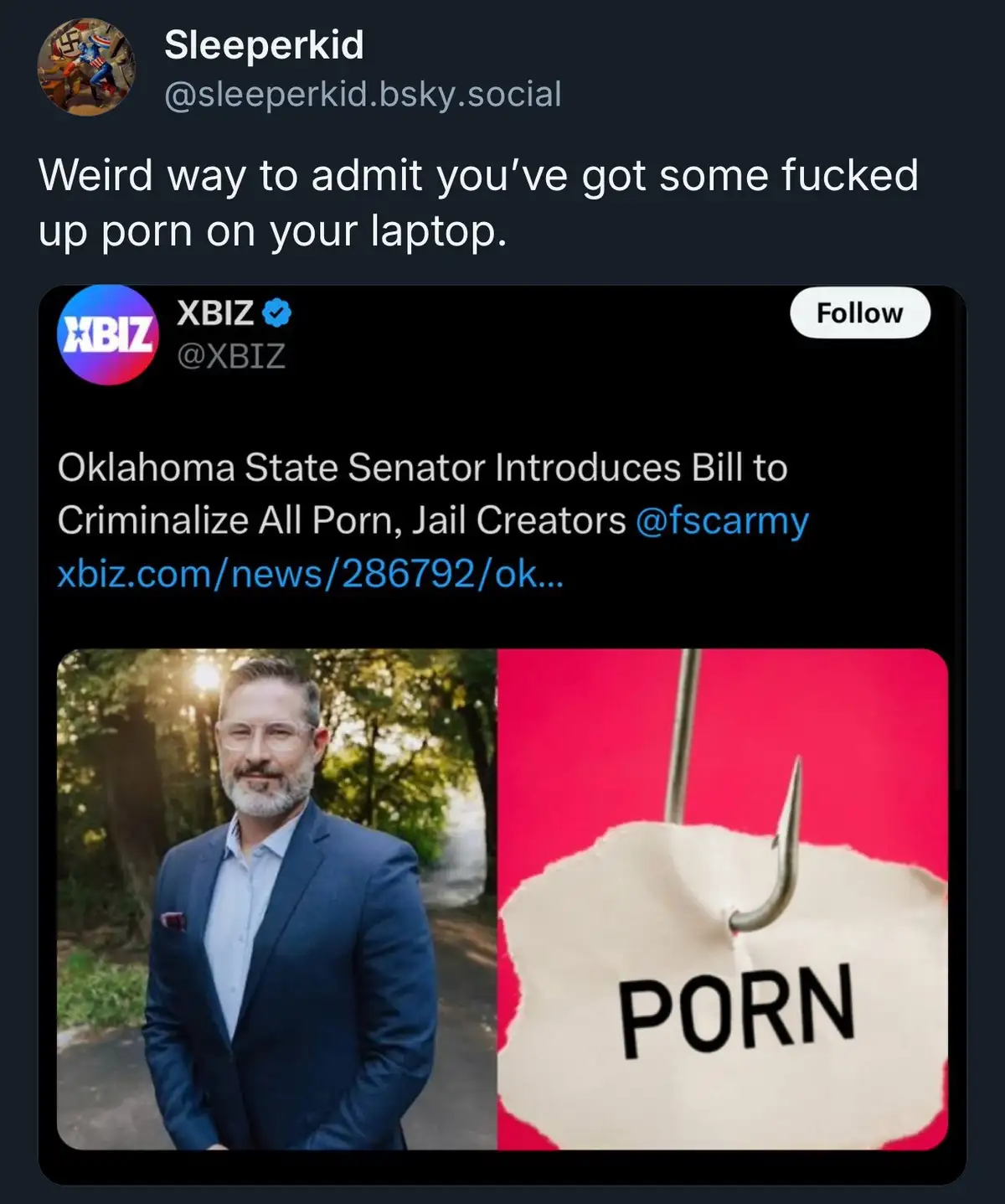 A screenshot of a social media post from XBIZ shows a split image: on the left, a man in a suit and glasses stands outdoors…