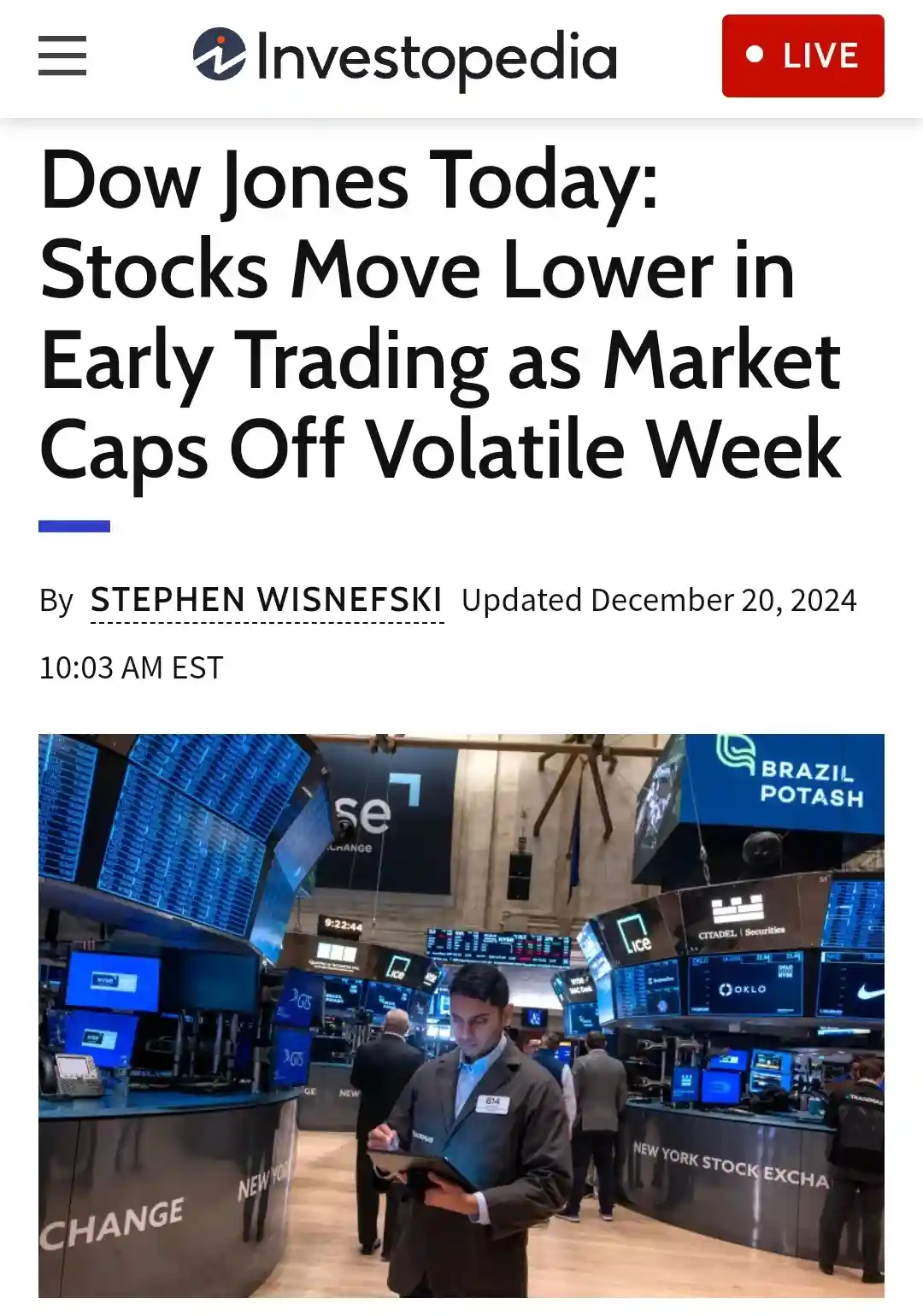 A screenshot of an Investopedia article titled 'Dow Jones Today: Stocks Move Lower in Early Trading as Market Caps Off…
