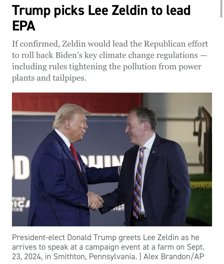 A news article screenshot shows Donald Trump and Lee Zeldin shaking hands at a campaign event. The headline reads 'Trump…