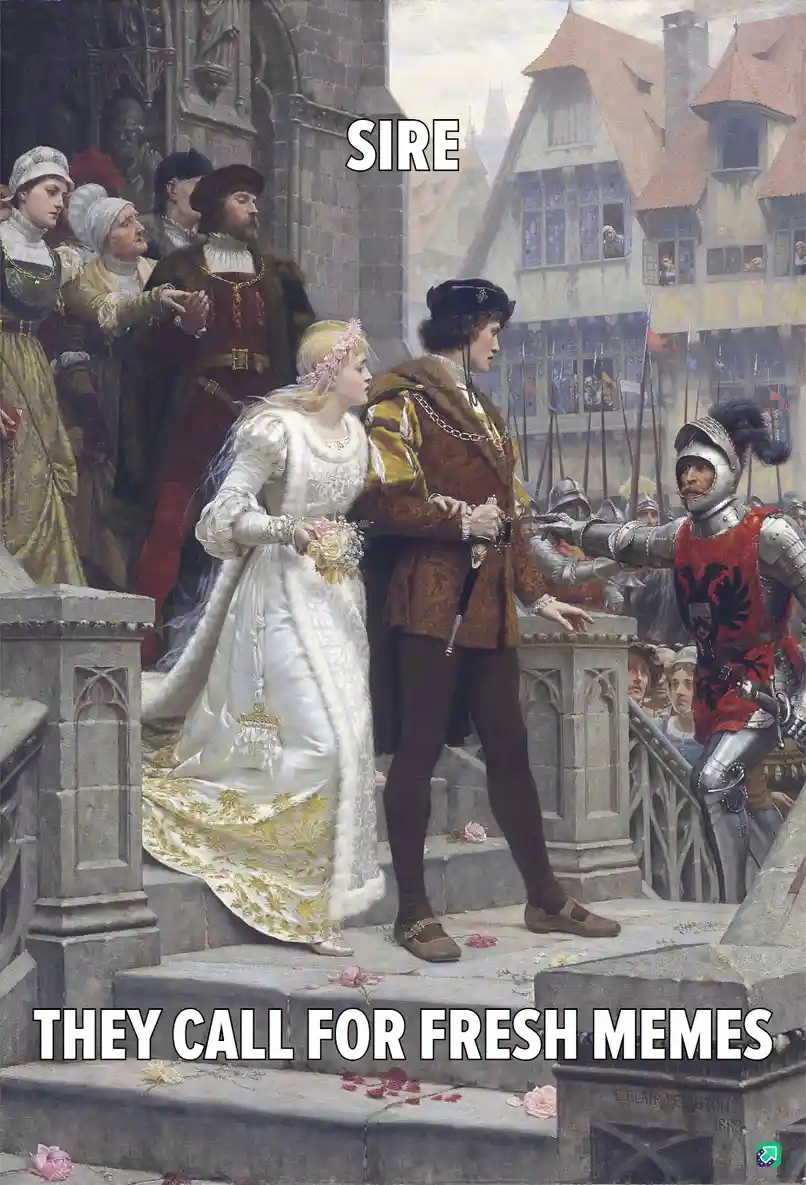 A historical painting depicts a royal wedding scene with a bride in white and gold, a groom in ornate brown and gold attire…