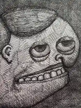 A black-and-white sketch of a person's face rendered with dense, chaotic cross-hatching lines, showing wide eyes and an open…
