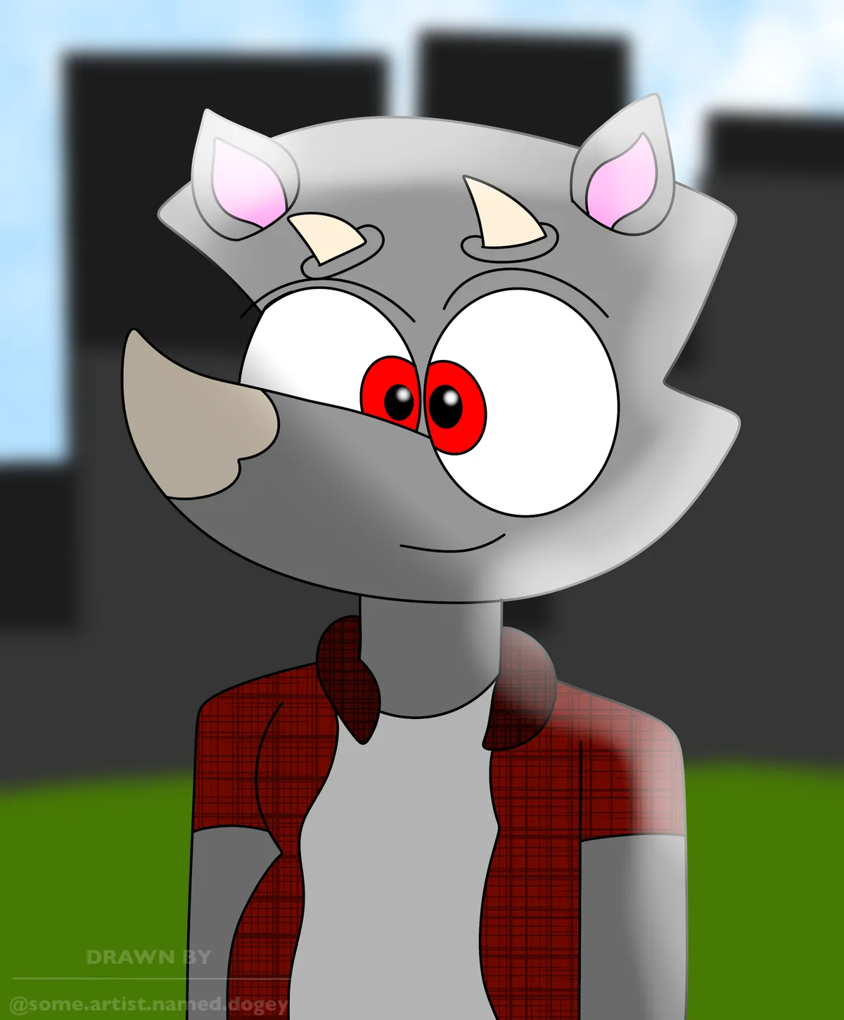 A cartoon gray anthropomorphic character with cat-like ears, small horns, and a pig-like snout is shown with wide red eyes…