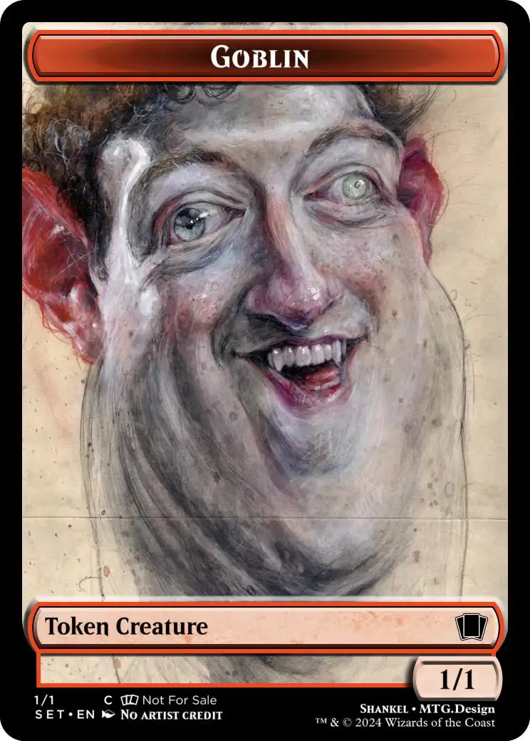 A Magic: The Gathering card template shows a painted portrait of a man with large red ears, a wide toothy grin, and green…
