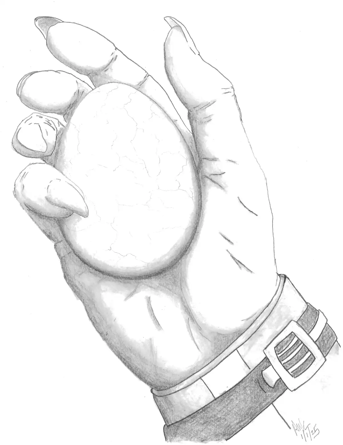 A pencil sketch shows a large, muscular hand with long, sharp fingernails holding a cracked, egg-shaped object. The hand…