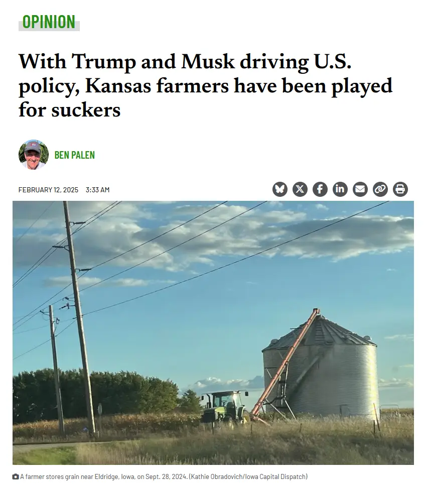 A screenshot of a newspaper opinion piece with the headline 'With Trump and Musk driving U.S. policy, Kansas farmers have…