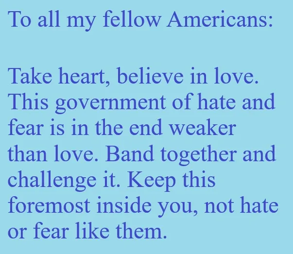 A light blue background with dark blue text that reads a motivational message addressed to Americans, urging them to believe…
