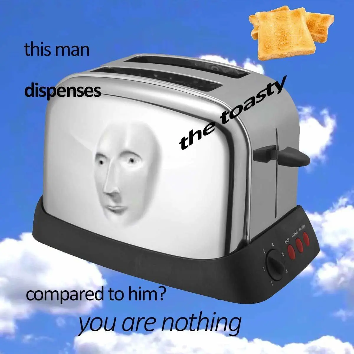A silver toaster with a grayscale image of a man's face on its front is floating against a blue sky with clouds. Two slices…