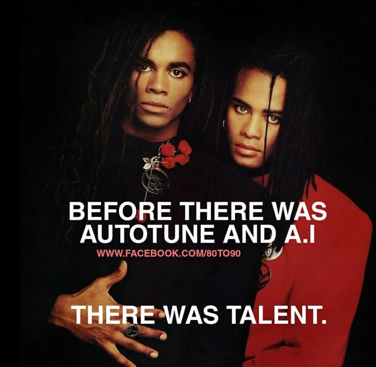The image features two identical-looking men with long dreadlocks, wearing dark clothing and looking intensely at the…