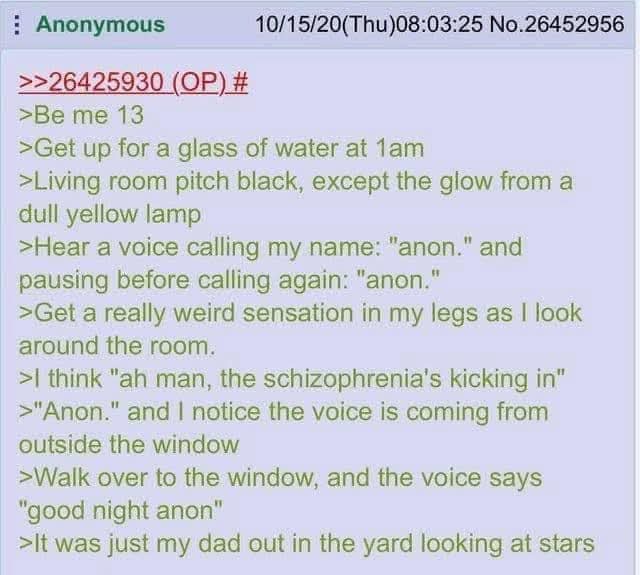 A 4chan post from October 2020 shows a user describing a childhood experience where they thought they heard a voice calling…