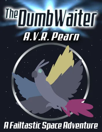 A cartoon pigeon with blue wings, a yellow tail, and a green glowing eye is shown in flight against a starry space…