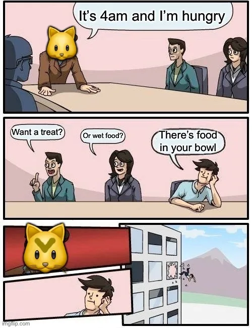 A three-panel comic shows a cat-headed person at a meeting saying they're hungry at 4am. Two colleagues ask if they want a…