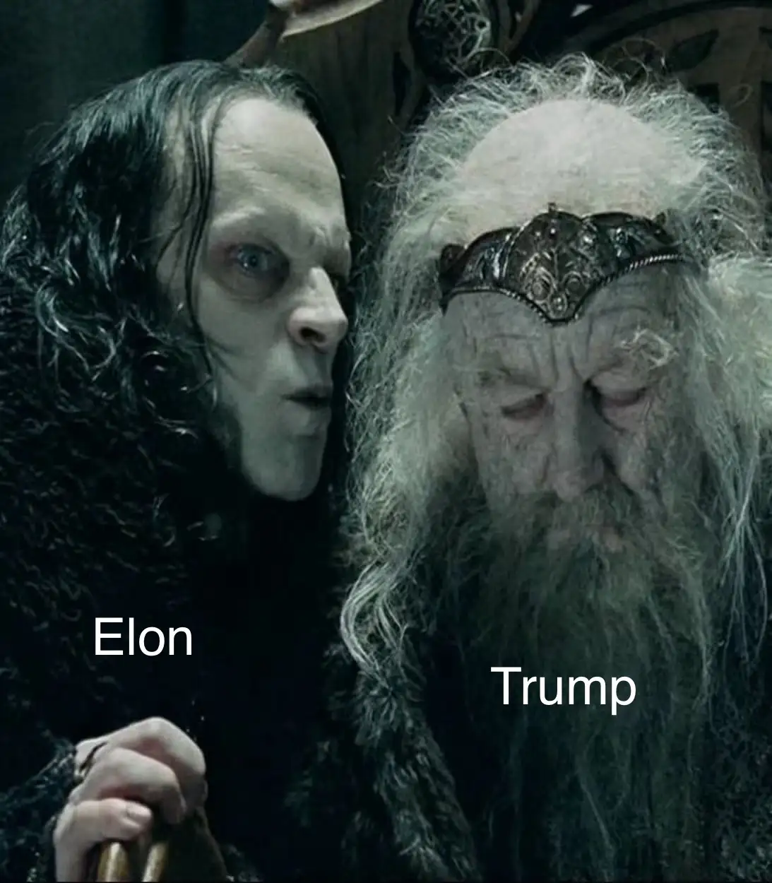 A still from a fantasy film shows two characters: a pale, dark-haired man with a shocked expression labeled 'Elon' and an…