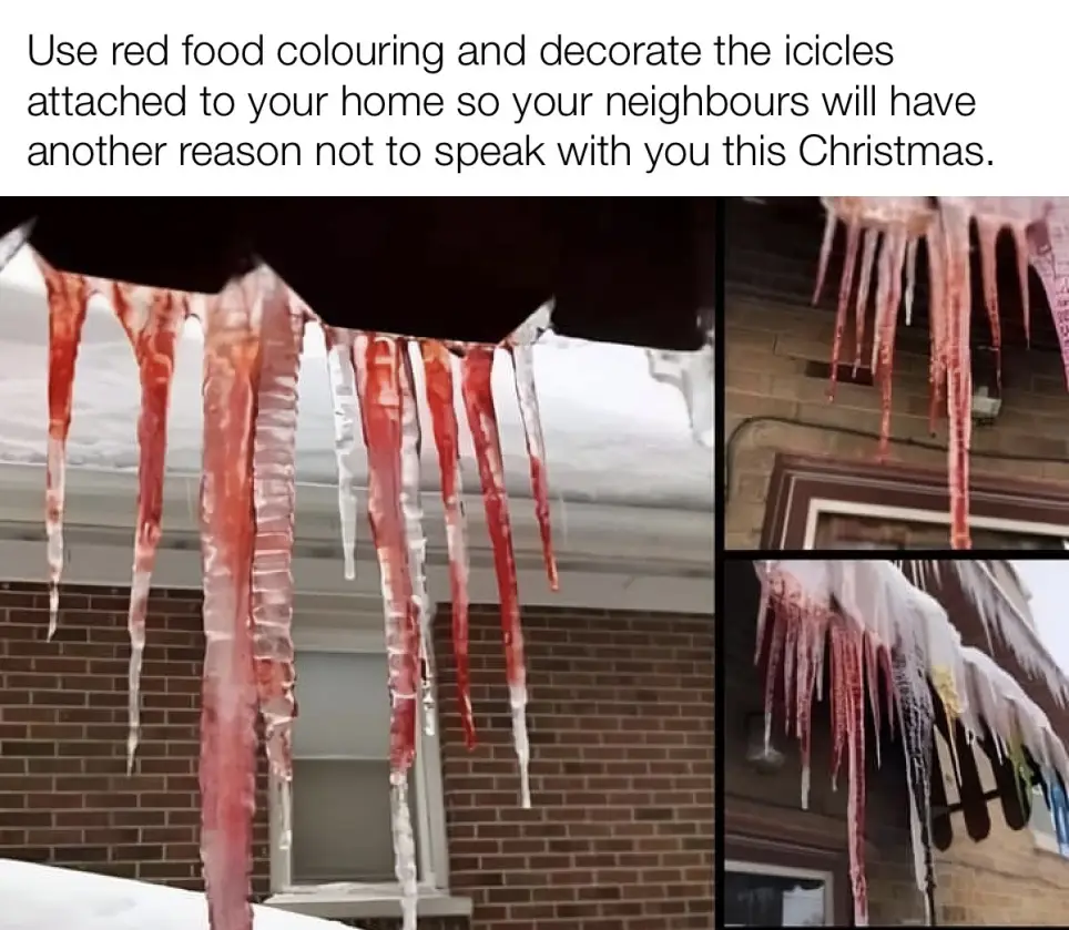 A collage of three photos shows icicles hanging from a roof, dyed red with food coloring, creating a gruesome, blood-like…