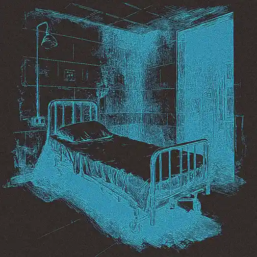 A stylized, cyan-line drawing of an empty hospital bed in a stark room with a lamp and door, overlaid with the text 'i'm not…