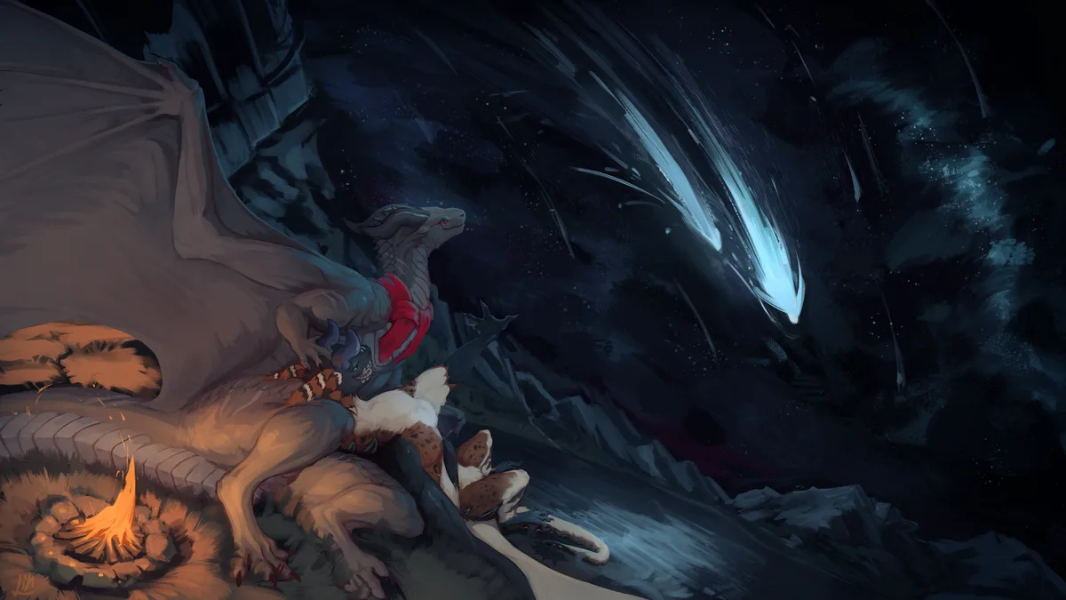 A large, grey dragon with red armor sits beside a small, dark-furred creature near a campfire, both looking up at a bright…