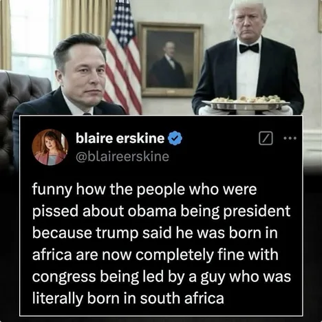 An image shows Elon Musk seated in an office, with Donald Trump standing behind him holding a tray of food. An American flag…