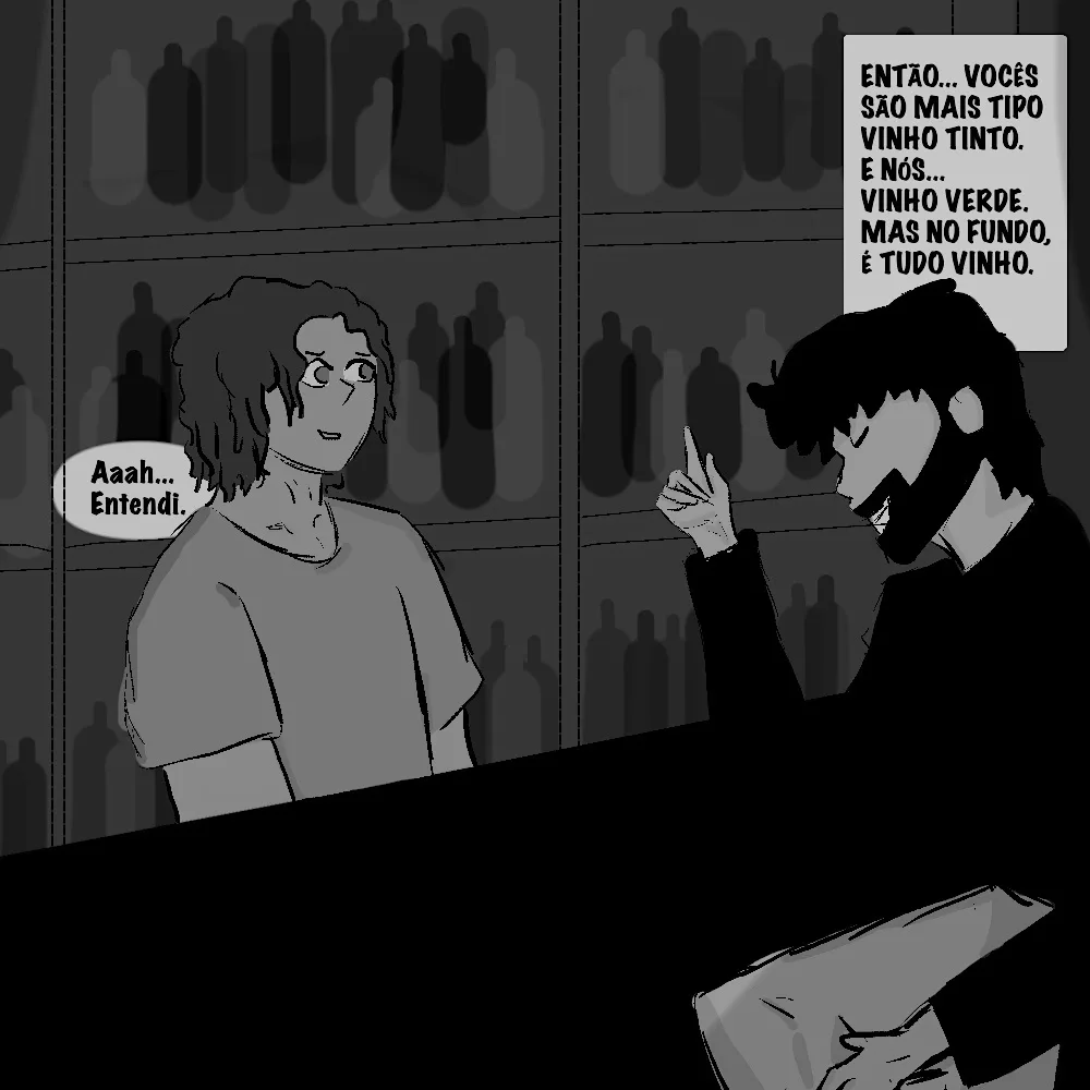 A black-and-white comic panel shows two people in a bar setting with shelves of wine bottles behind them. One person…