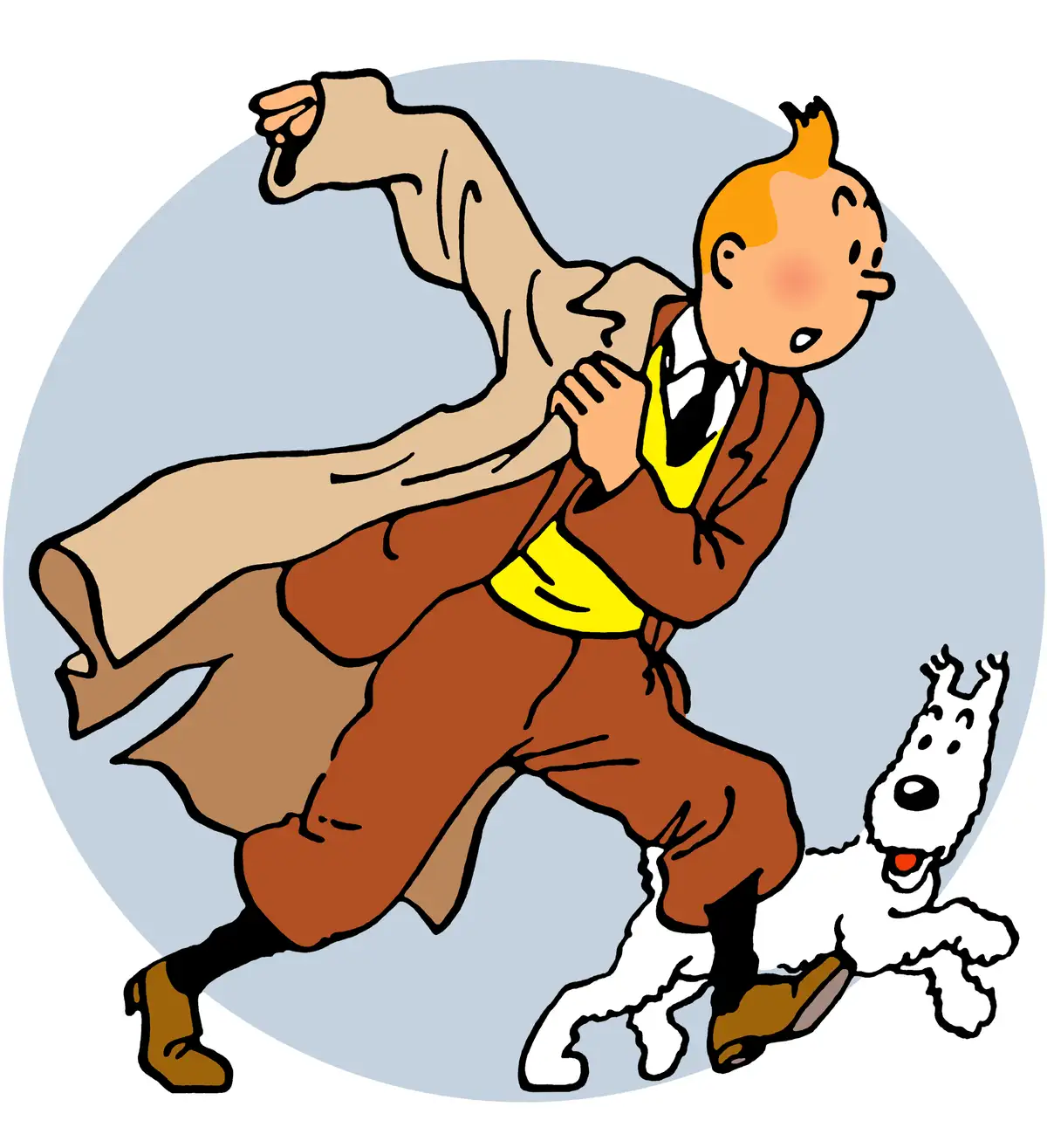A cartoon illustration of the character Tintin, with his signature orange hair and brown outfit, running with his white dog…