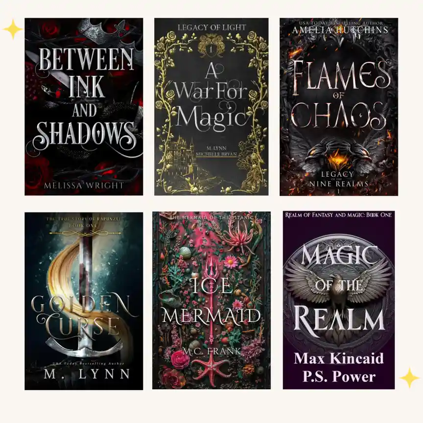 Six fantasy book covers are arranged in a grid, featuring titles like 'Between Ink and Shadows', 'A War For Magic', 'Flames…