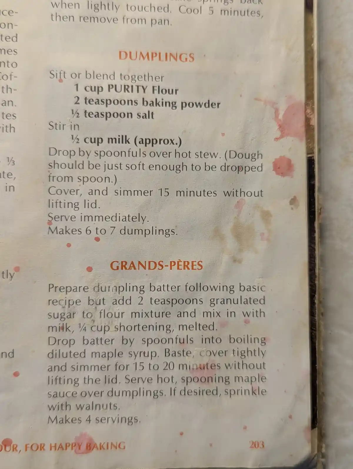 A close-up of a vintage cookbook page showing two dumpling recipes: 'DUMPLINGS' and 'GRANDS-PÈRES'. The page has visible…