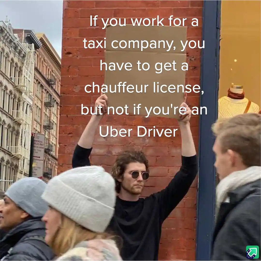 A man with curly hair and sunglasses holds up a blank cardboard sign on a city street, surrounded by pedestrians. White text…