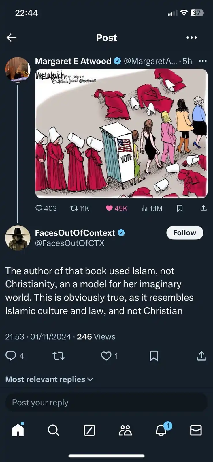 A cartoon depicts women in red robes and white bonnets standing in line at a voting booth marked with an American flag and…