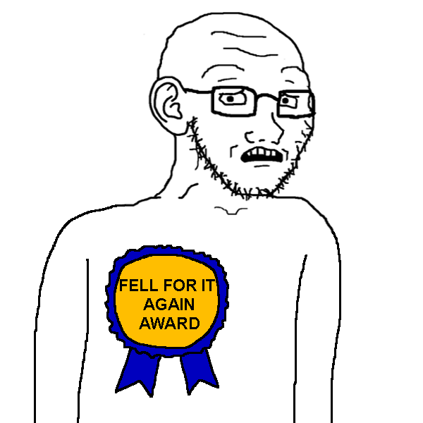 A simple black-and-white line drawing of a bald man with glasses and a scruffy beard, looking annoyed or frustrated. He is…