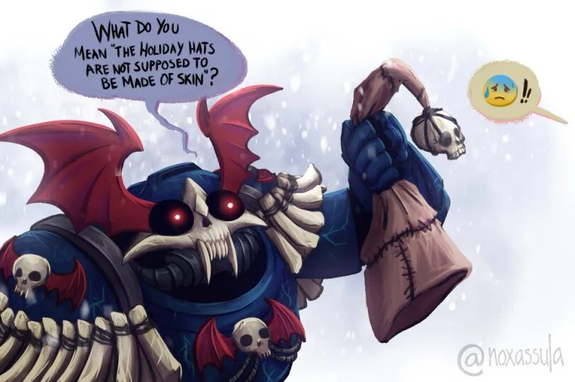 A demonic, skeletal figure with red wings and glowing red eyes, wearing blue armor and holding a sack with a skull on it…