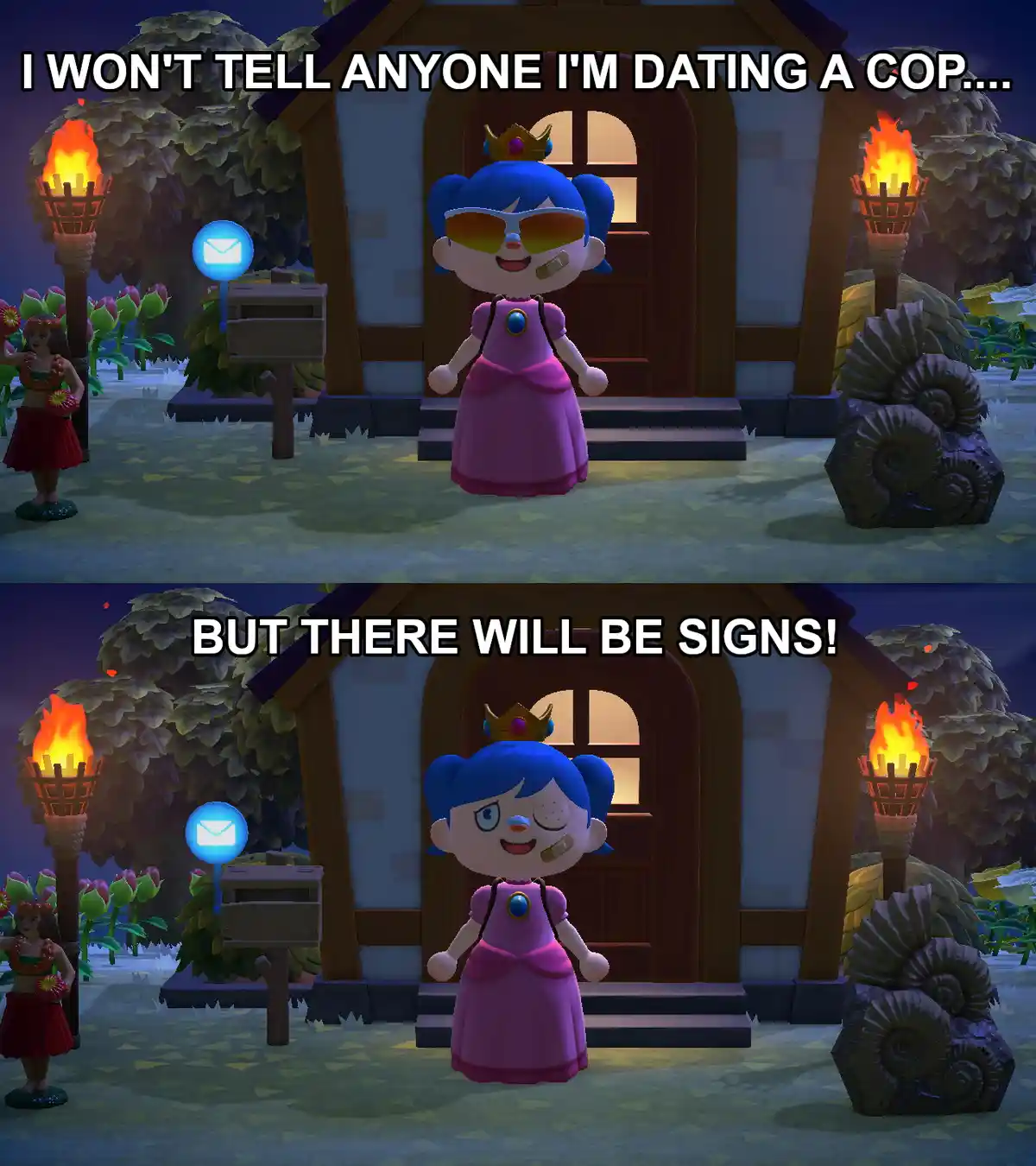 Two panels show a blue-haired female character in a pink dress and sunglasses standing in front of a house at night. In the…