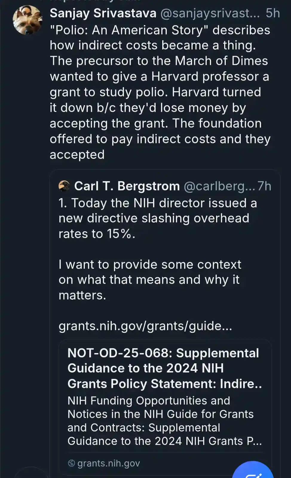 A screenshot of two Twitter/X posts. The first by Sanjay Srivastava explains how Harvard rejected a polio research grant…