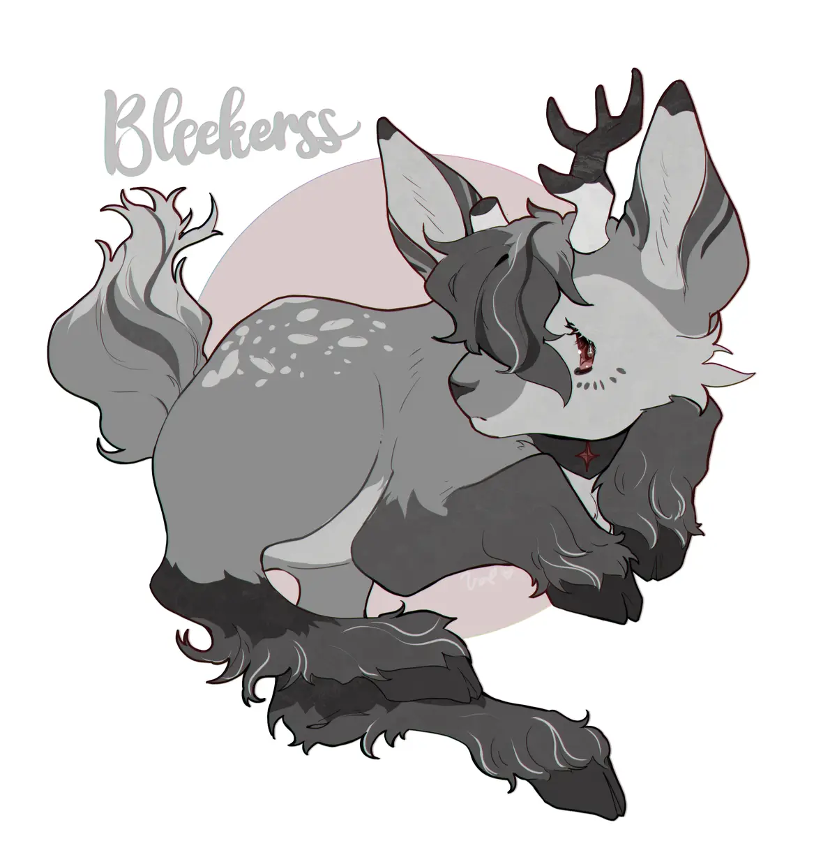 A stylized, gray-furred anthropomorphic deer character with antlers, long ears, and a fluffy tail is curled up in a sleeping…