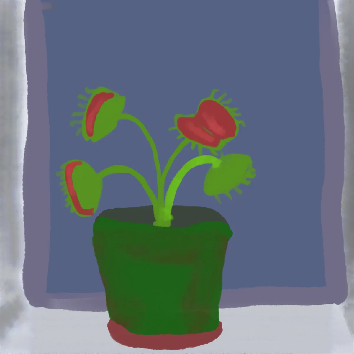 A cartoonish drawing of a Venus flytrap plant in a green pot, sitting on a windowsill with light curtains. The plant has…