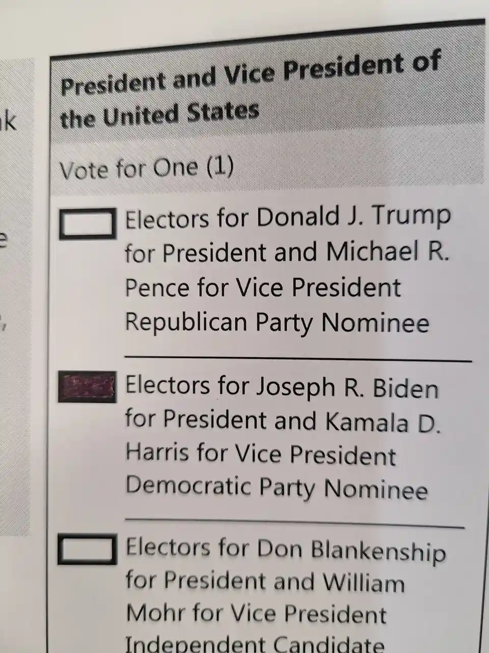 A close-up of a U.S. presidential ballot showing three candidate options: Trump/Pence (Republican), Biden/Harris…