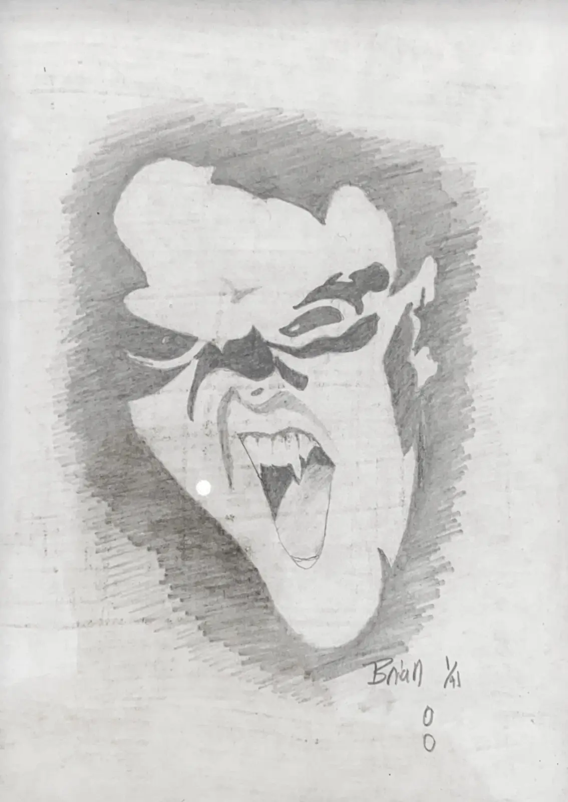 A pencil sketch depicts a cartoonish, monstrous face with a wide-open mouth showing sharp teeth and a long tongue, furrowed…