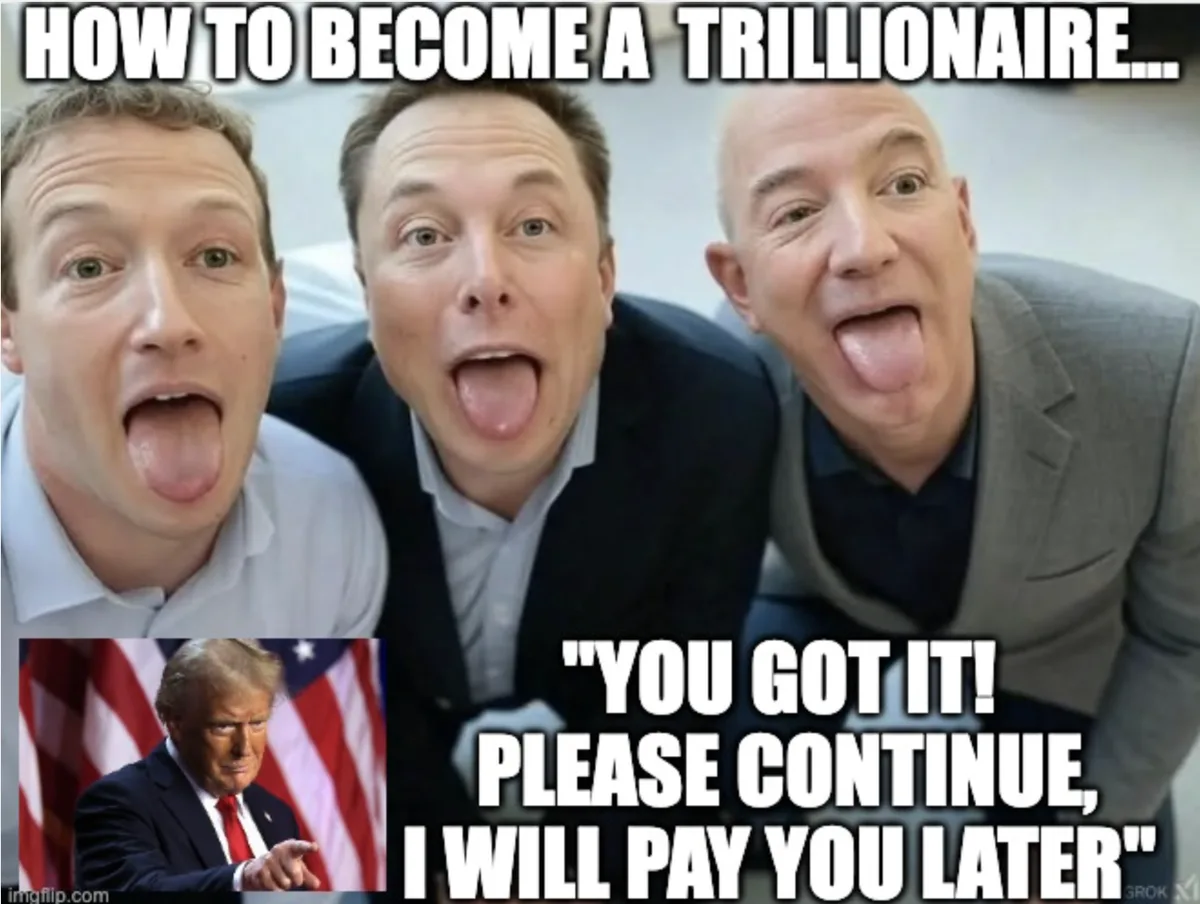 Three men—Mark Zuckerberg, Elon Musk, and Jeff Bezos—are shown in a selfie-style photo, all sticking their tongues out with…
